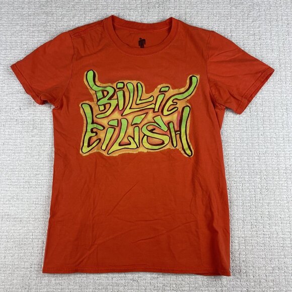 2019 Billie Eilish Graffiti Spell Out Graphic Orange Shirt XS Merch - Picture 1 of 16